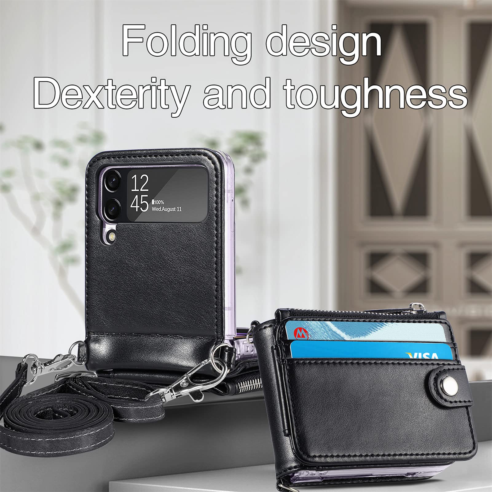 黒 レザー ケース ジッパー付き Amazon.co.jp: Samsung Galaxy Z Flip 4 5G用の取り外し可能な